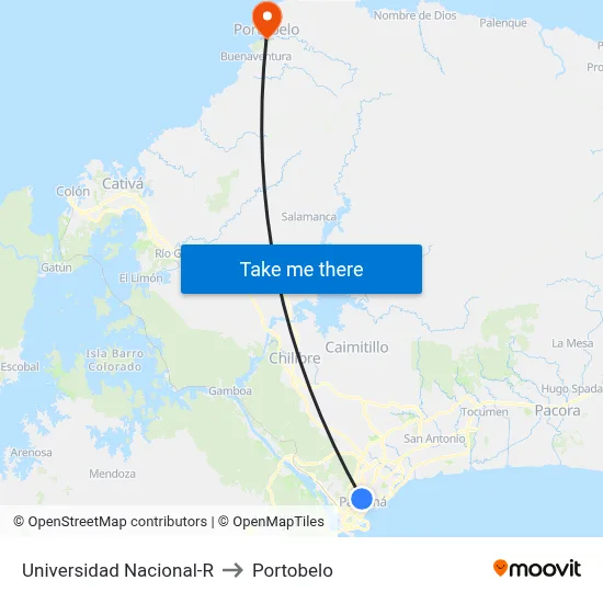 Universidad Nacional-R to Portobelo map