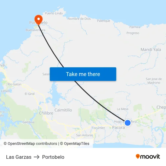 Las Garzas to Portobelo map