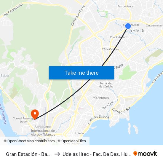 Gran Estación - Bahía A to Udelas   Iltec - Fac. De Des. Humano map