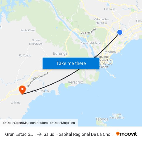 Gran Estación - Bahía A to Salud Hospital Regional De La Chorrera (Nicolas Solano) map