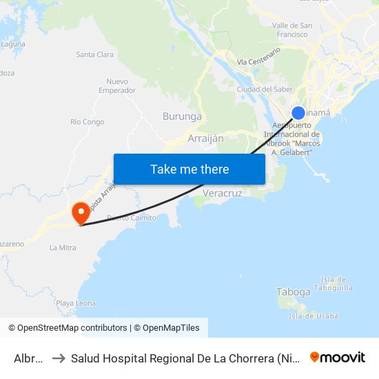 Albrook to Salud Hospital Regional De La Chorrera (Nicolas Solano) map