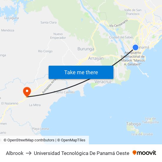 Albrook to Universidad Tecnológica De Panamá Oeste map