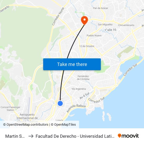 Martin Sosa-R to Facultad De Derecho - Universidad Latina De Panamá map