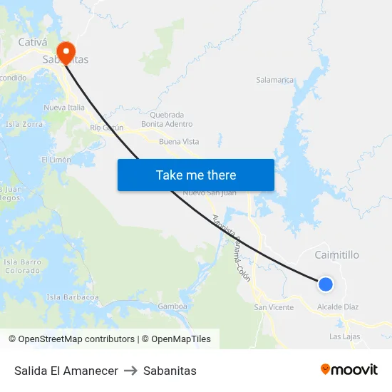 Salida El Amanecer to Sabanitas map