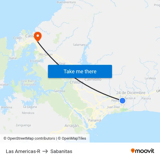 Las Americas-R to Sabanitas map