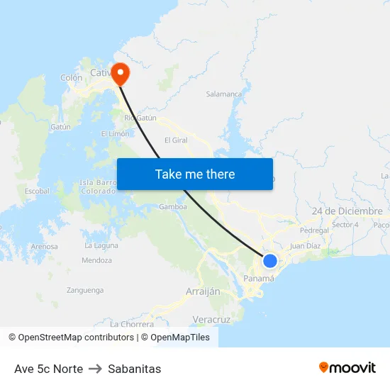 Ave 5c Norte to Sabanitas map