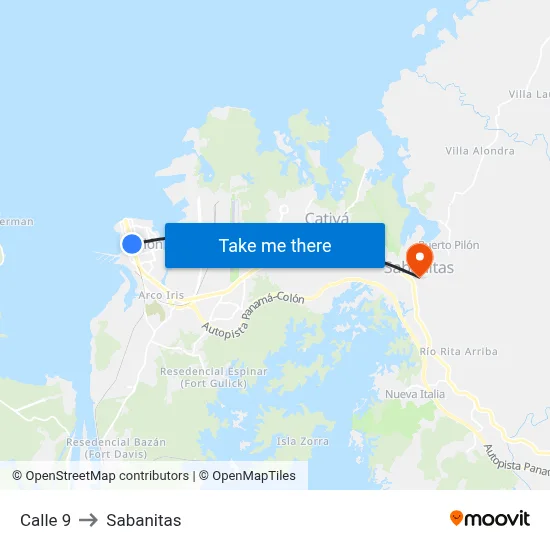 Calle 9 to Sabanitas map
