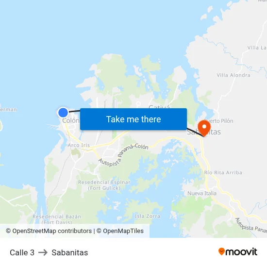 Calle 3 to Sabanitas map