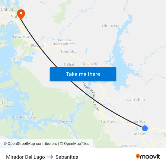 Mirador Del Lago to Sabanitas map