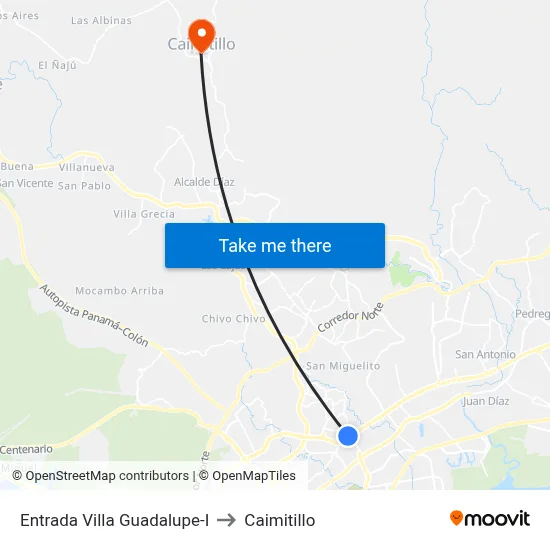 Entrada Villa Guadalupe-I to Caimitillo map