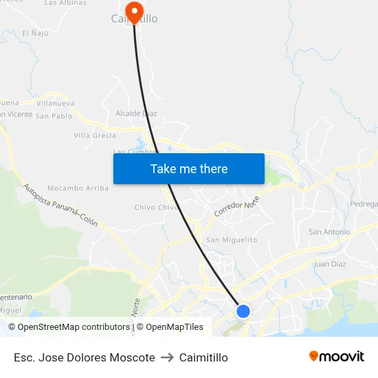 Esc. Jose Dolores Moscote to Caimitillo map