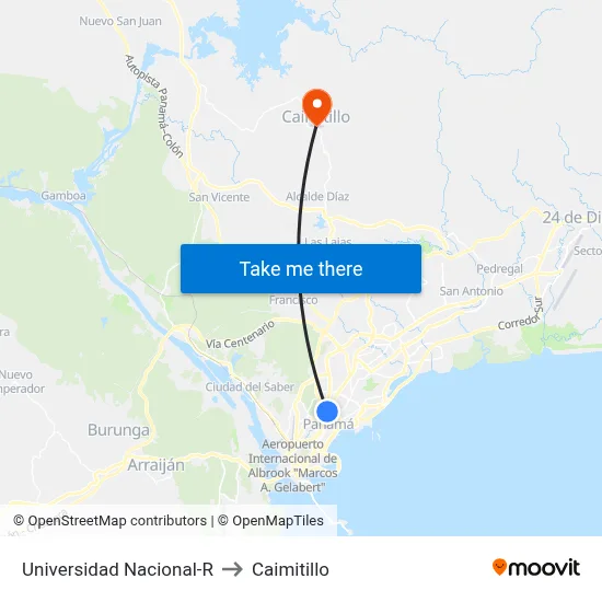 Universidad Nacional-R to Caimitillo map