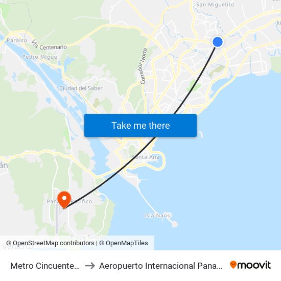 Metro Cincuentenario-R to Aeropuerto Internacional Panama Pacifico map