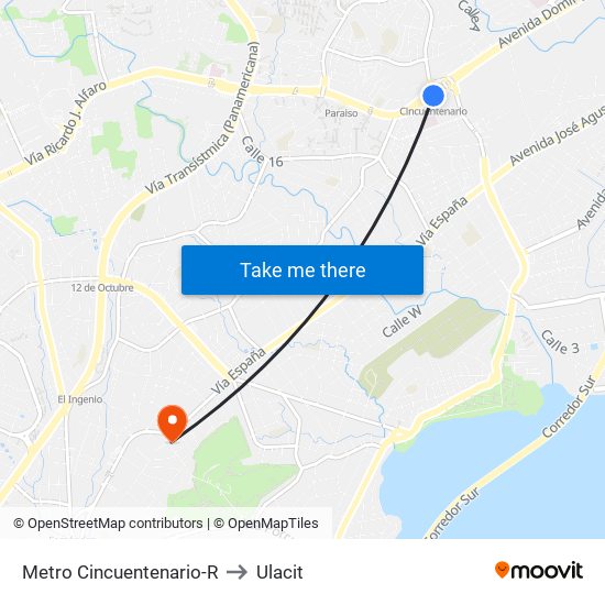 Metro Cincuentenario-R to Ulacit map