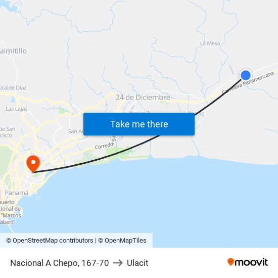 Nacional A Chepo, 167-70 to Ulacit map