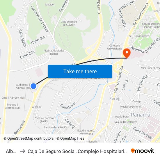 Albrook to Caja De Seguro Social, Complejo Hospitalario Dr. Arnulfo Arias Madrid map