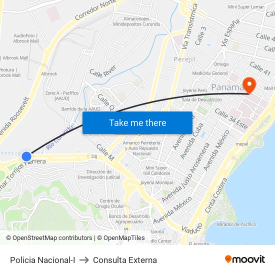 Policia Nacional-I to Consulta Externa map