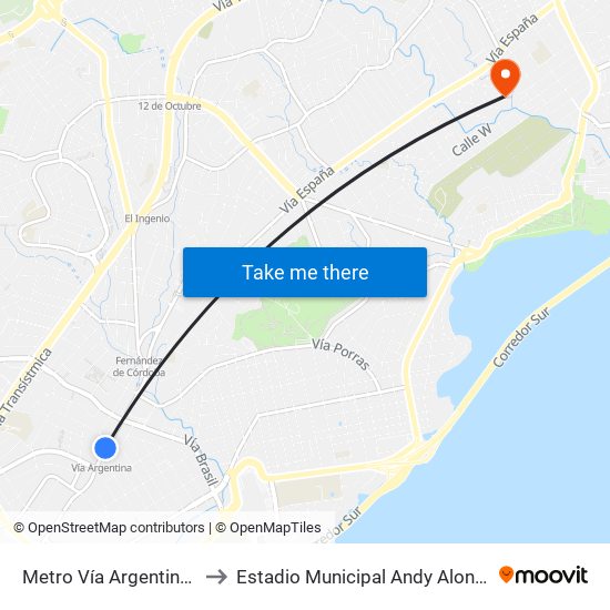 Metro Vía Argentina-I to Estadio Municipal Andy Alonso map