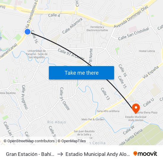 Gran Estación - Bahía A to Estadio Municipal Andy Alonso map