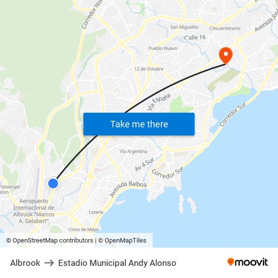 Albrook to Estadio Municipal Andy Alonso map
