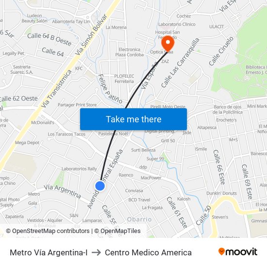 Metro Vía Argentina-I to Centro Medico America map