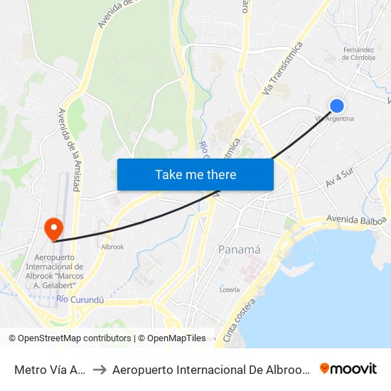 Metro Vía Argentina-I to Aeropuerto Internacional De Albrook ""Marcos A. Gelabert"" map