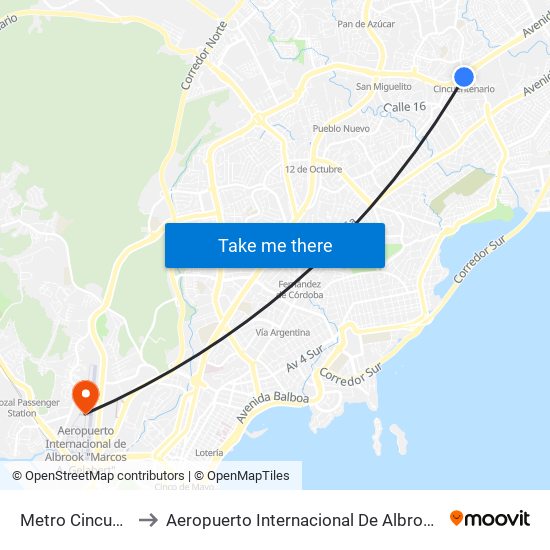 Metro Cincuentenario-R to Aeropuerto Internacional De Albrook ""Marcos A. Gelabert"" map
