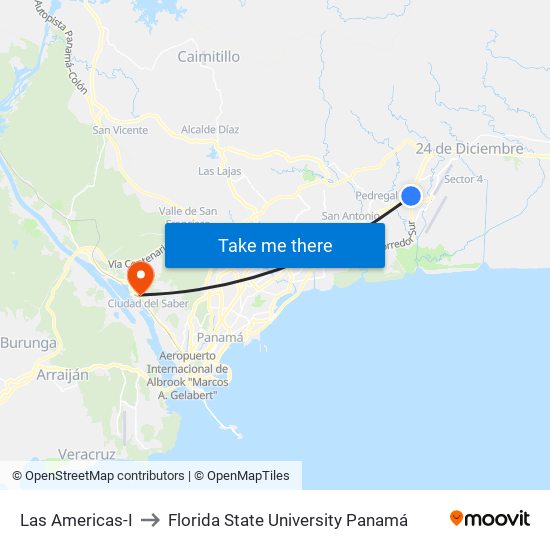 Las Americas-I to Florida State University Panamá map