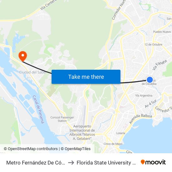 Metro Fernández De Córdoba-I to Florida State University Panamá map