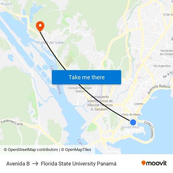 Avenida B to Florida State University Panamá map