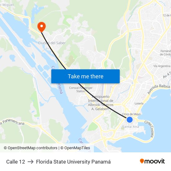 Calle 12 to Florida State University Panamá map