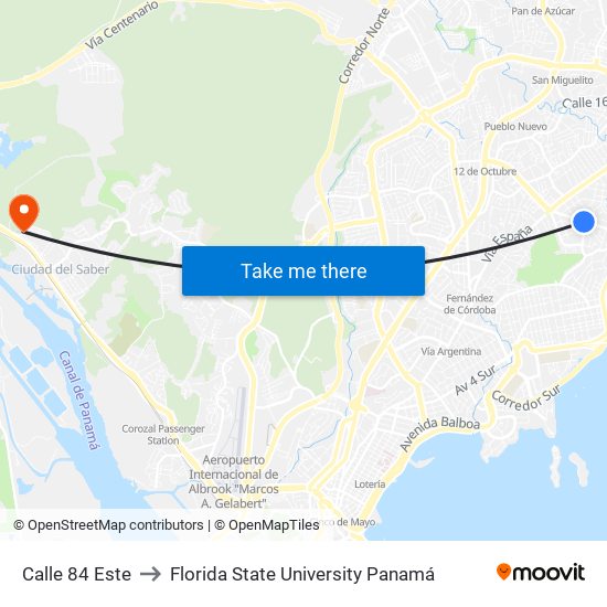 Calle 84 Este to Florida State University Panamá map