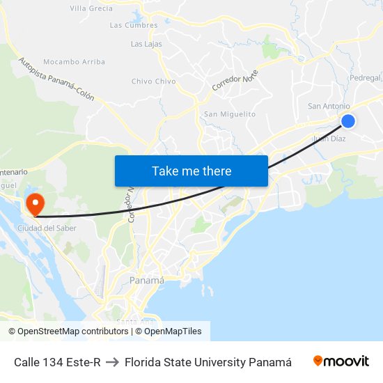 Calle 134 Este-R to Florida State University Panamá map