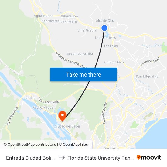Entrada Ciudad Bolivar-I to Florida State University Panamá map