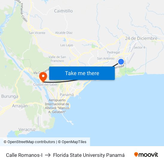 Calle Romanos-I to Florida State University Panamá map