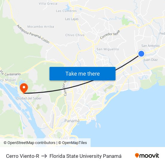 Cerro Viento-R to Florida State University Panamá map