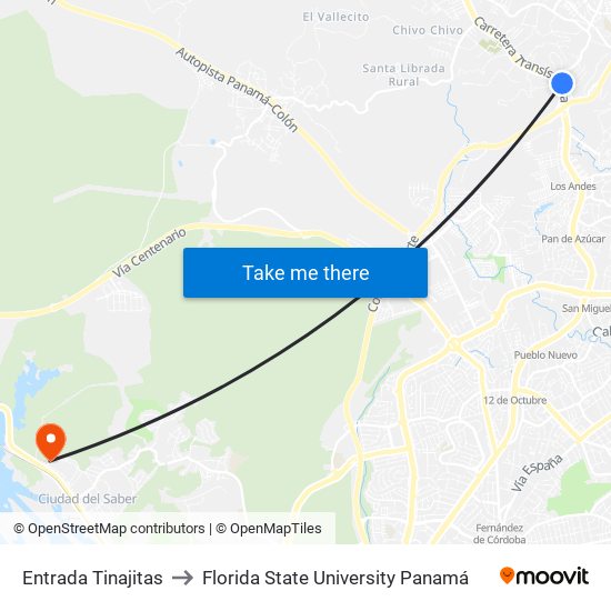 Entrada Tinajitas to Florida State University Panamá map