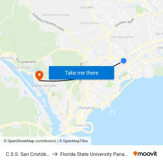 C.S.S. San Cristóbal to Florida State University Panamá map