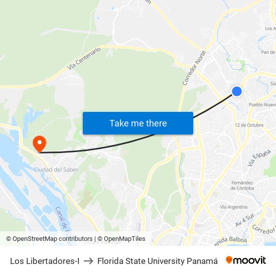 Los Libertadores-I to Florida State University Panamá map