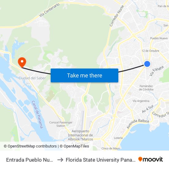 Entrada Pueblo Nuevo to Florida State University Panamá map