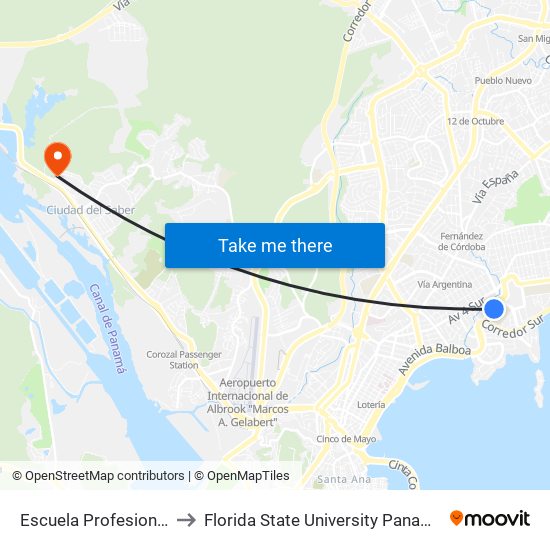 Escuela Profesional to Florida State University Panamá map