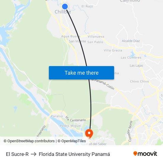 El Sucre-R to Florida State University Panamá map