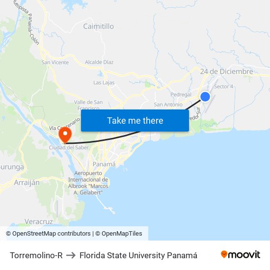 Torremolino-R to Florida State University Panamá map