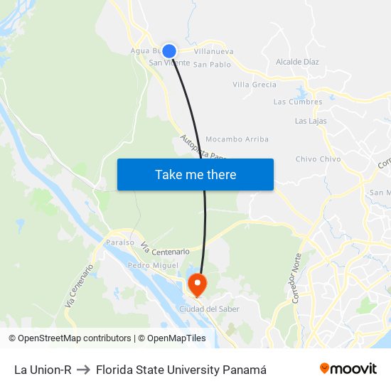 La Union-R to Florida State University Panamá map