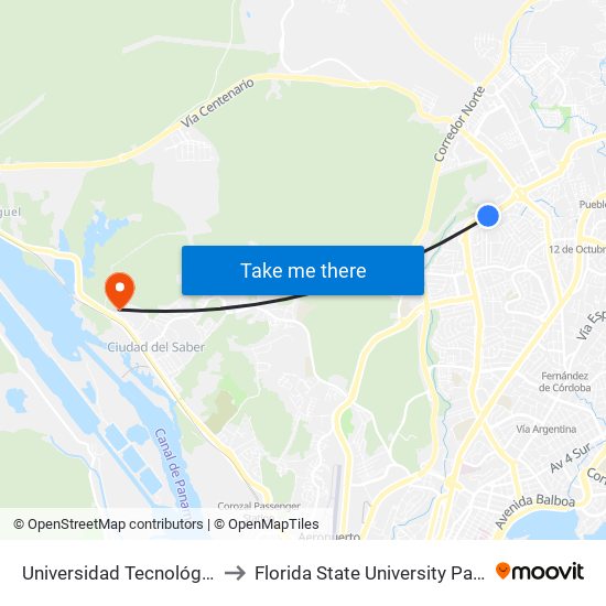 Universidad Tecnológica-R to Florida State University Panamá map