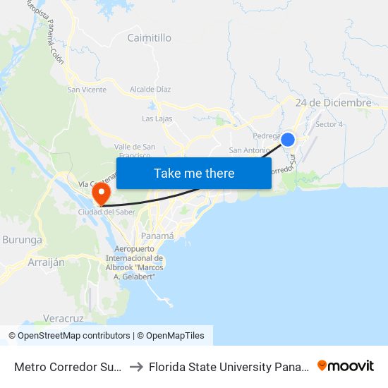 Metro Corredor Sur-R to Florida State University Panamá map