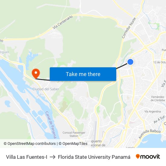 Villa Las Fuentes-I to Florida State University Panamá map