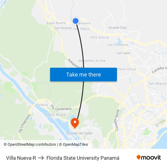 Villa Nueva-R to Florida State University Panamá map