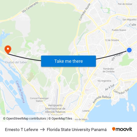 Ernesto T Lefevre to Florida State University Panamá map