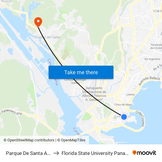 Parque De Santa Ana to Florida State University Panamá map